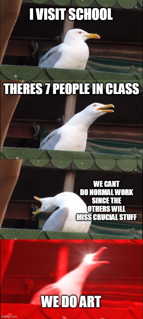 Inhaling Seagull | I VISIT SCHOOL; THERES 7 PEOPLE IN CLASS; WE CANT DO NORMAL WORK SINCE THE OTHERS WILL MISS CRUCIAL STUFF; WE DO ART | image tagged in memes,inhaling seagull | made w/ Imgflip meme maker