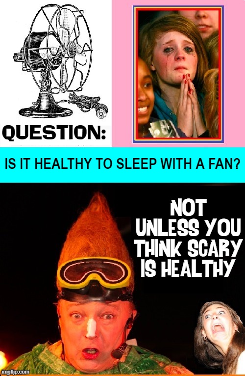 Sleeping with Fans Can Give Me a Cold | QUESTION:; NOT UNLESS YOU THINK SCARY IS HEALTHY; IS IT HEALTHY TO SLEEP WITH A FAN? | image tagged in vince vance,question,crazed fans,scary,memes,overly obsessed | made w/ Imgflip meme maker