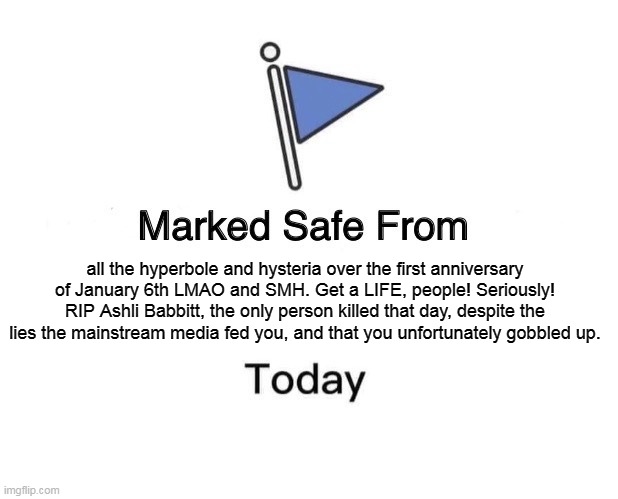 Marked Safe From Meme | all the hyperbole and hysteria over the first anniversary of January 6th LMAO and SMH. Get a LIFE, people! Seriously! RIP Ashli Babbitt, the only person killed that day, despite the lies the mainstream media fed you, and that you unfortunately gobbled up. | image tagged in memes,marked safe from | made w/ Imgflip meme maker