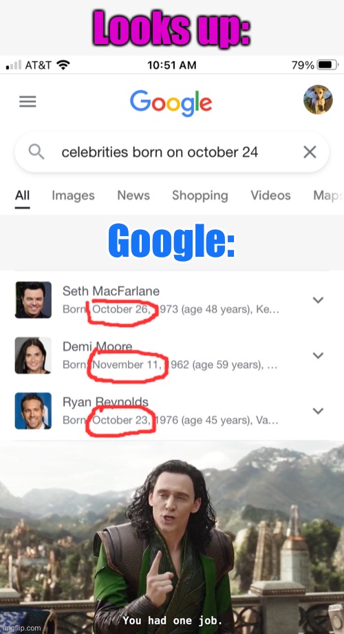 I think Google needs to go back to search engine school |  Looks up:; Google: | image tagged in you had one job just the one,google,celebrities born on october 24th,loki,celebrities,birthdays | made w/ Imgflip meme maker