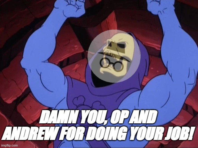 Skeletor | DAMN YOU, OP AND ANDREW FOR DOING YOUR JOB! | image tagged in skeletor | made w/ Imgflip meme maker