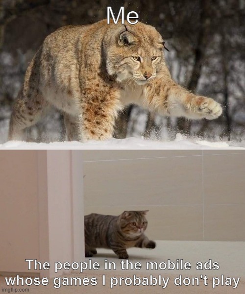 Mobile ads | Me; The people in the mobile ads whose games I probably don't play | image tagged in lynx lulu kitten meme,ads | made w/ Imgflip meme maker