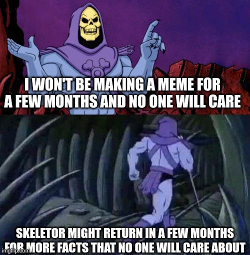 .... this will probally happen. | I WON'T BE MAKING A MEME FOR A FEW MONTHS AND NO ONE WILL CARE; SKELETOR MIGHT RETURN IN A FEW MONTHS FOR MORE FACTS THAT NO ONE WILL CARE ABOUT | image tagged in he man skeleton advices,memes | made w/ Imgflip meme maker