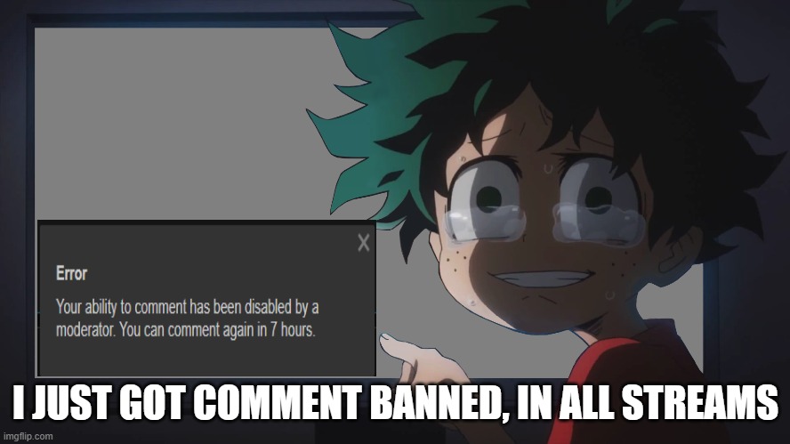 aaaaaaaaaaaaaaaaaaaaaaaaaaaaaaaaaaaaaaaaaaaaaaaaaaaaaaaaaaaaaa | I JUST GOT COMMENT BANNED, IN ALL STREAMS | image tagged in deku crying at pc | made w/ Imgflip meme maker