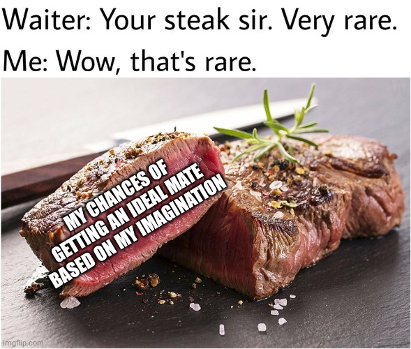 Hahahahaha, totally unlikely for me | MY CHANCES OF GETTING AN IDEAL MATE BASED ON MY IMAGINATION | image tagged in rare steak meme,memes,meme,mate,imagination,imagine | made w/ Imgflip meme maker