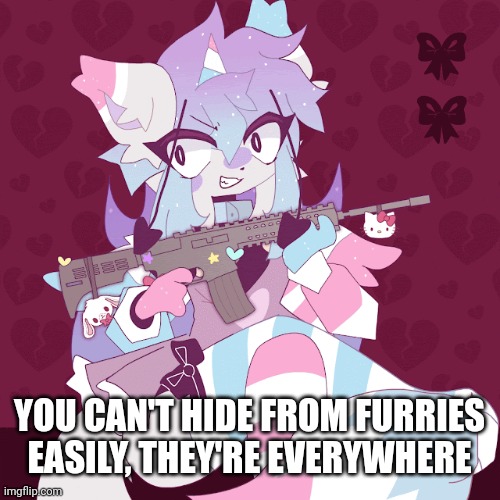 Sashley with a gun | YOU CAN'T HIDE FROM FURRIES EASILY, THEY'RE EVERYWHERE | image tagged in sashley with a gun | made w/ Imgflip meme maker