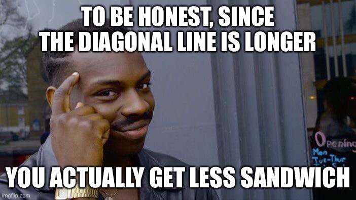 Roll Safe Think About It Meme | TO BE HONEST, SINCE THE DIAGONAL LINE IS LONGER YOU ACTUALLY GET LESS SANDWICH | image tagged in memes,roll safe think about it | made w/ Imgflip meme maker