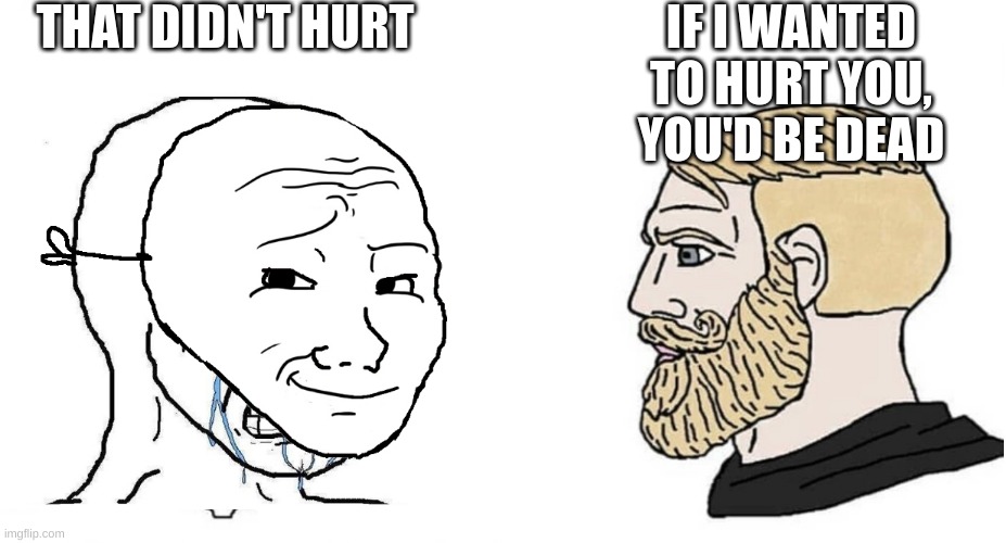 If I wanted to hurt you you'd be dead | THAT DIDN'T HURT; IF I WANTED TO HURT YOU, YOU'D BE DEAD | image tagged in crying wojak vs chad,chad,hide the pain | made w/ Imgflip meme maker