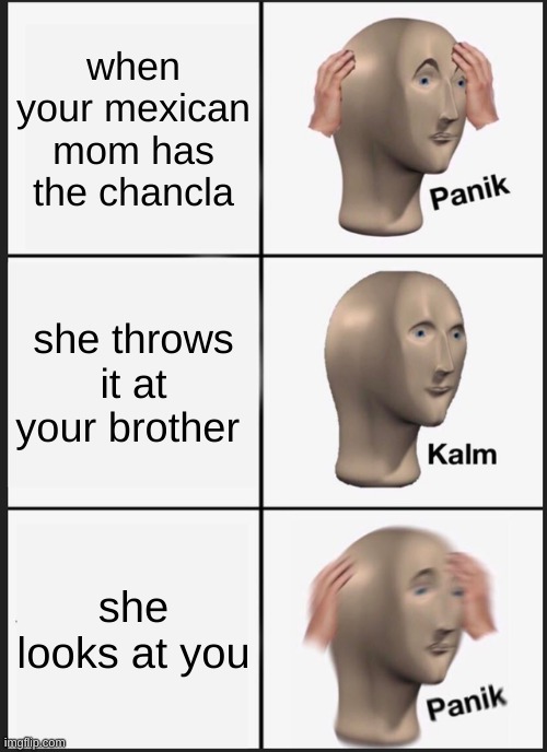 Panik Kalm Panik Meme | when your mexican mom has the chancla; she throws it at your brother; she looks at you | image tagged in memes,panik kalm panik | made w/ Imgflip meme maker