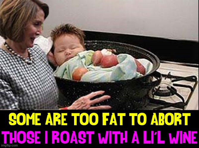 "Heartwarming" means something different to Nasty Nan | THOSE I ROAST WITH A LI'L WINE; SOME ARE TOO FAT TO ABORT | image tagged in vince vance,baby,roast,wine,memes,nancy pelosi | made w/ Imgflip meme maker