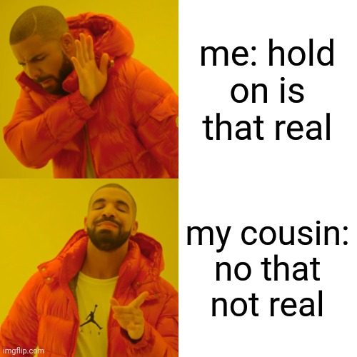 is that real | me: hold on is that real my cousin: no that not real | image tagged in memes,drake hotline bling | made w/ Imgflip meme maker