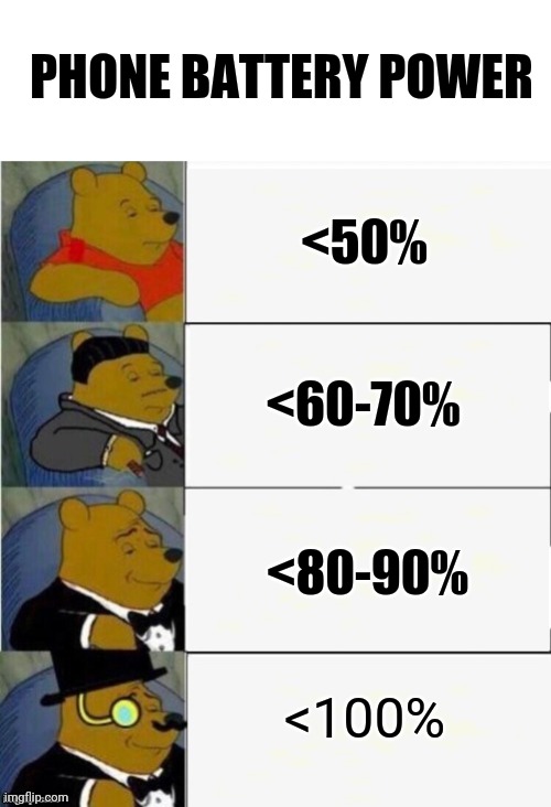 Tuxedo Winnie the Pooh 4 panel | PHONE BATTERY POWER; <50%; <60-70%; <80-90%; <100% | image tagged in tuxedo winnie the pooh 4 panel | made w/ Imgflip meme maker