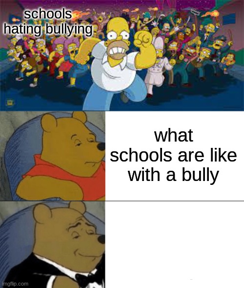 yes cuz | schools hating bullying; what schools are like with a bully | image tagged in memes,tuxedo winnie the pooh | made w/ Imgflip meme maker