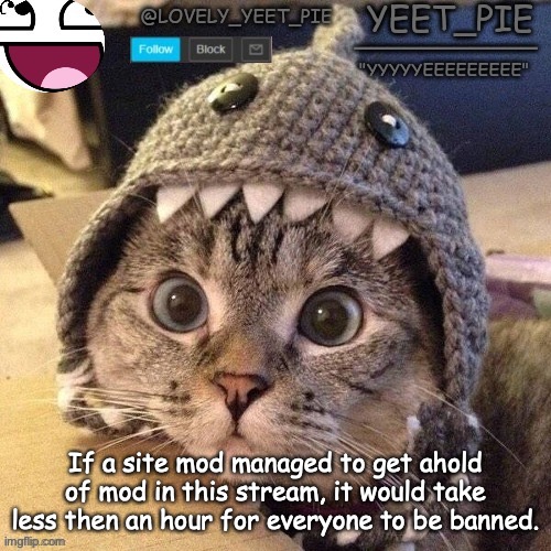 Yeet_Pie | If a site mod managed to get ahold of mod in this stream, it would take less then an hour for everyone to be banned. | image tagged in yeet_pie | made w/ Imgflip meme maker