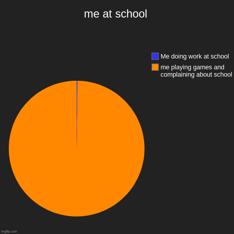 me at school | me playing games and complaining about school, Me doing work at school | image tagged in charts,pie charts | made w/ Imgflip chart maker