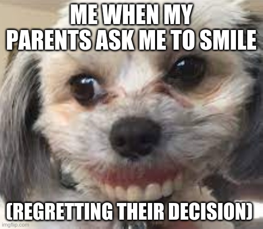 Me smiling | ME WHEN MY PARENTS ASK ME TO SMILE; (REGRETTING THEIR DECISION) | image tagged in change my mind | made w/ Imgflip meme maker