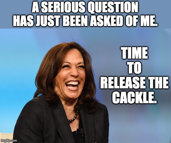 Cackle | TIME TO RELEASE THE CACKLE. A SERIOUS QUESTION HAS JUST BEEN ASKED OF ME. | image tagged in kamala harris laughing | made w/ Imgflip meme maker