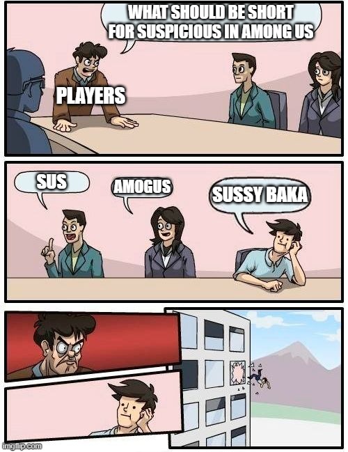 Sussy Imposter | WHAT SHOULD BE SHORT FOR SUSPICIOUS IN AMONG US; PLAYERS; SUS; AMOGUS; SUSSY BAKA | image tagged in memes,among us | made w/ Imgflip meme maker