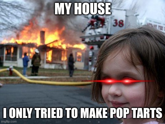 Disaster Girl | MY HOUSE; I ONLY TRIED TO MAKE POP TARTS | image tagged in memes,disaster girl | made w/ Imgflip meme maker