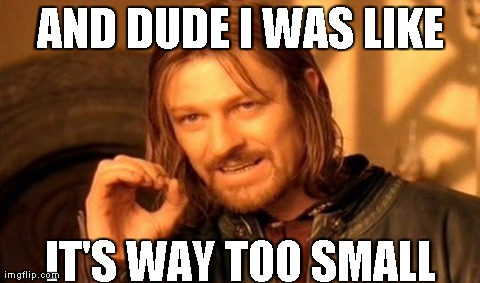 One Does Not Simply Meme | AND DUDE I WAS LIKE IT'S WAY TOO SMALL | image tagged in memes,one does not simply | made w/ Imgflip meme maker