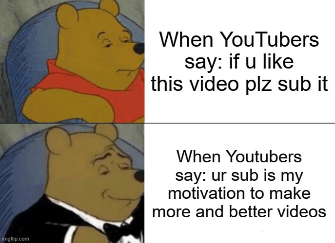 Tuxedo Winnie The Pooh | When YouTubers say: if u like this video plz sub it; When Youtubers say: ur sub is my motivation to make more and better videos | image tagged in memes,tuxedo winnie the pooh,youtubers saying about subing | made w/ Imgflip meme maker