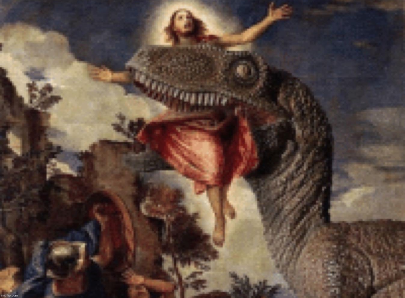 . | image tagged in jesus eaten by dino | made w/ Imgflip meme maker