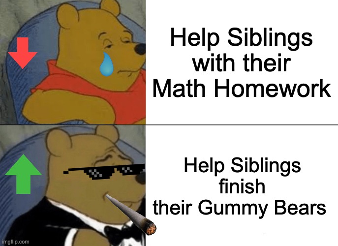 Gummy Bear | Help Siblings with their Math Homework; Help Siblings finish their Gummy Bears | image tagged in memes,tuxedo winnie the pooh,good memes,funny | made w/ Imgflip meme maker