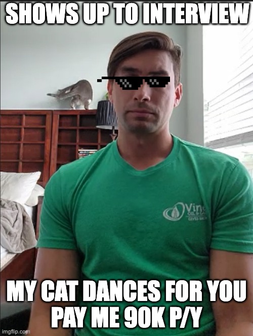 The interview | SHOWS UP TO INTERVIEW; MY CAT DANCES FOR YOU
PAY ME 90K P/Y | image tagged in the interview | made w/ Imgflip meme maker