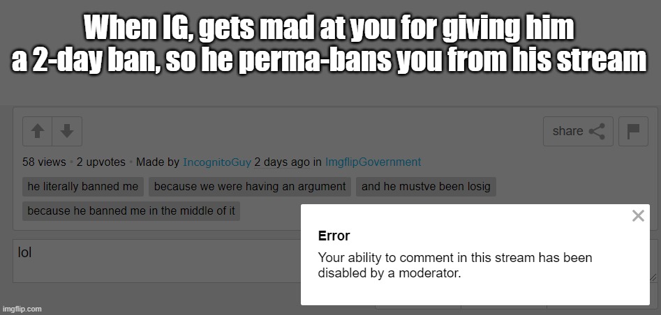 If irony could kill, IncognitoGuy would be dead | When IG, gets mad at you for giving him a 2-day ban, so he perma-bans you from his stream | made w/ Imgflip meme maker