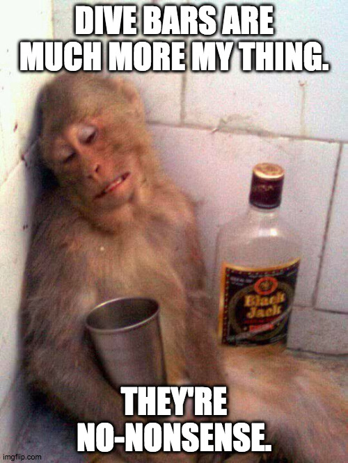 dive bar monkey |  DIVE BARS ARE MUCH MORE MY THING. THEY'RE NO-NONSENSE. | image tagged in drunk monkey | made w/ Imgflip meme maker