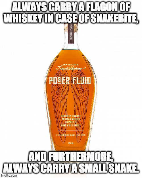 Carry a snake | ALWAYS CARRY A FLAGON OF WHISKEY IN CASE OF SNAKEBITE, AND FURTHERMORE, ALWAYS CARRY A SMALL SNAKE. | image tagged in angel's envy bourbon | made w/ Imgflip meme maker