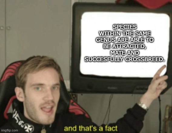 Scientific fact: | SPECIES WITHIN THE SAME GENUS ARE ABLE TO BE ATTRACTED, MATE AND SUCCESFULLY CROSSBREED. | image tagged in and that's a fact,biology,science | made w/ Imgflip meme maker