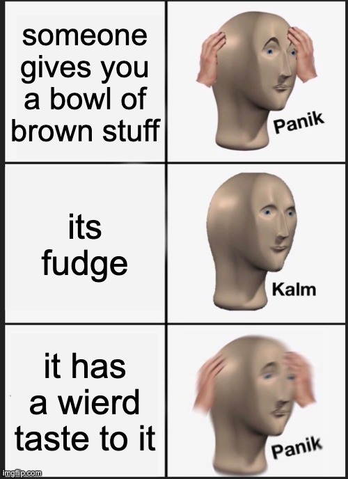 Panik Kalm Panik | someone gives you a bowl of brown stuff; its fudge; it has a wierd taste to it | image tagged in memes,panik kalm panik | made w/ Imgflip meme maker