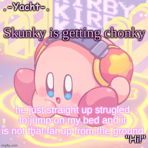 Yacht's kirby temp | Skunky is getting chonky; he just straight up struggled to jump on my bed and it is not that far up from the ground | image tagged in yacht's kirby temp | made w/ Imgflip meme maker