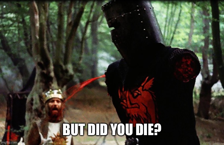 Monty Python Black Knight | BUT DID YOU DIE? | image tagged in monty python black knight | made w/ Imgflip meme maker