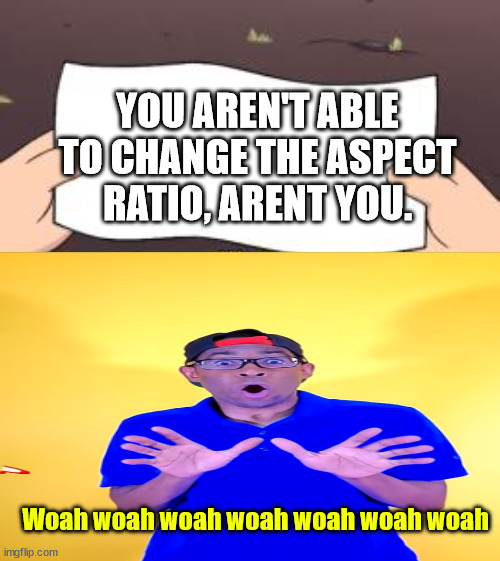 Woah | YOU AREN'T ABLE TO CHANGE THE ASPECT RATIO, ARENT YOU. Woah woah woah woah woah woah woah | image tagged in verbalase,gravity falls,woah this is worthless,wow,awesome | made w/ Imgflip meme maker