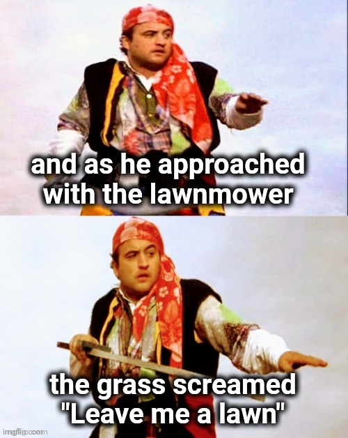 Tales of the Gardener | and as he approached with the lawnmower; the grass screamed "Leave me a lawn" | image tagged in pirate joke,grass is greener,i like ya cut g,don't do it | made w/ Imgflip meme maker