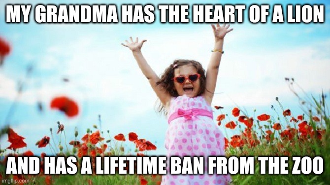 hold on a minute, something aint right | MY GRANDMA HAS THE HEART OF A LION; AND HAS A LIFETIME BAN FROM THE ZOO | image tagged in happy child | made w/ Imgflip meme maker