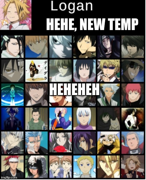 HHEHEHEH | HEHE, NEW TEMP; HEHEHEH | image tagged in logan's temp yes another one also thank you yachtttttttttttttt | made w/ Imgflip meme maker