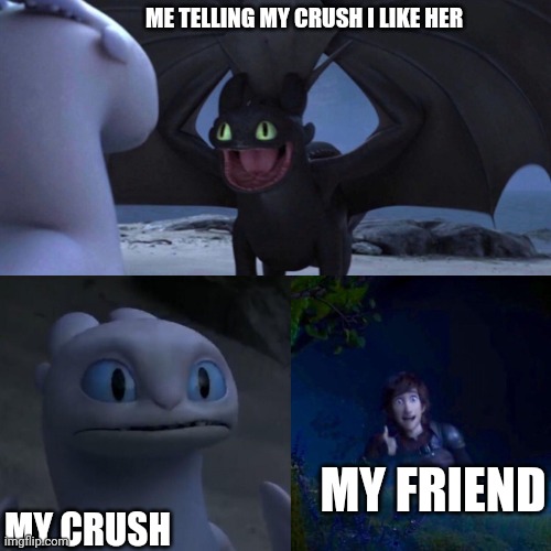 I lIkE yOu | ME TELLING MY CRUSH I LIKE HER; MY FRIEND; MY CRUSH | image tagged in night fury | made w/ Imgflip meme maker