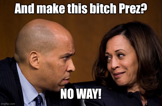 Corey Booker and Kamala Harris | And make this bitch Prez? NO WAY! | image tagged in corey booker and kamala harris | made w/ Imgflip meme maker