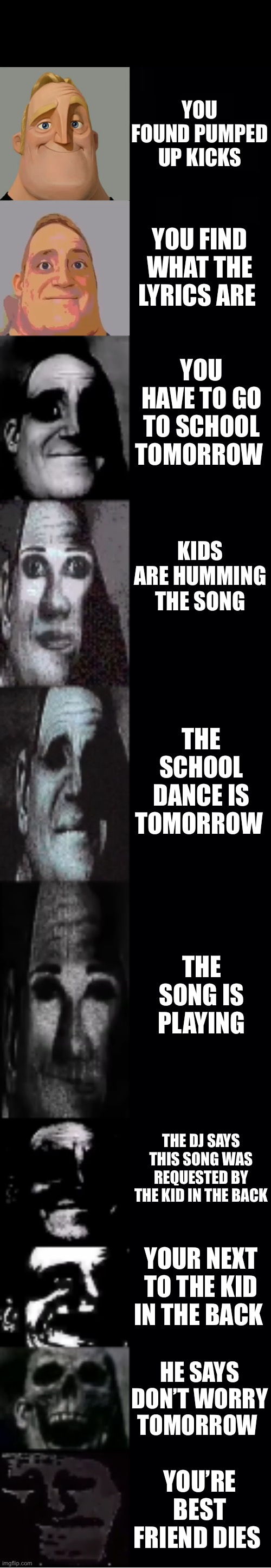 mr incredible becoming uncanny | YOU FOUND PUMPED UP KICKS; YOU FIND WHAT THE LYRICS ARE; YOU HAVE TO GO TO SCHOOL TOMORROW; KIDS ARE HUMMING THE SONG; THE SCHOOL DANCE IS TOMORROW; THE SONG IS PLAYING; THE DJ SAYS THIS SONG WAS REQUESTED BY THE KID IN THE BACK; YOUR NEXT TO THE KID IN THE BACK; HE SAYS DON’T WORRY TOMORROW; YOU’RE BEST FRIEND DIES | image tagged in mr incredible becoming uncanny | made w/ Imgflip meme maker