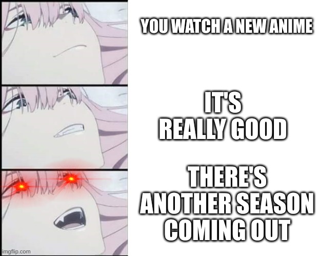 e | YOU WATCH A NEW ANIME; IT'S REALLY GOOD; THERE'S ANOTHER SEASON COMING OUT | image tagged in zero two,anime,japan,japanese,darling in the franxx,ditf | made w/ Imgflip meme maker