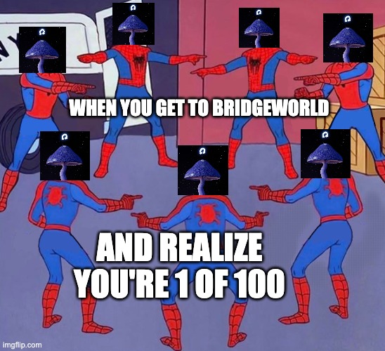 Not The Only Mushrohm | WHEN YOU GET TO BRIDGEWORLD; AND REALIZE YOU'RE 1 OF 100 | image tagged in same spider man 7 | made w/ Imgflip meme maker