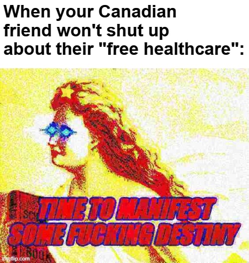 a meme I thought of when I was half awake | When your Canadian friend won't shut up about their "free healthcare": | image tagged in this meme isn't very funny,rmk,manifest destiny,canadian | made w/ Imgflip meme maker