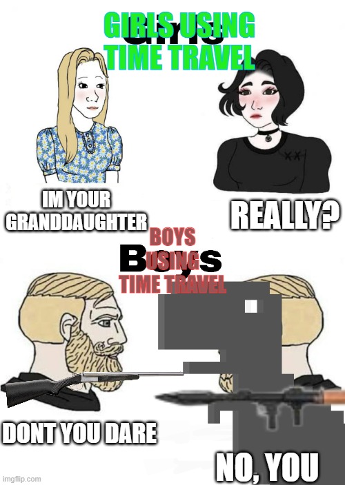 time travel boys VS girls | GIRLS USING TIME TRAVEL; REALLY? IM YOUR GRANDDAUGHTER; BOYS USING TIME TRAVEL; DONT YOU DARE; NO, YOU | image tagged in boys vs girls,dinosaur | made w/ Imgflip meme maker