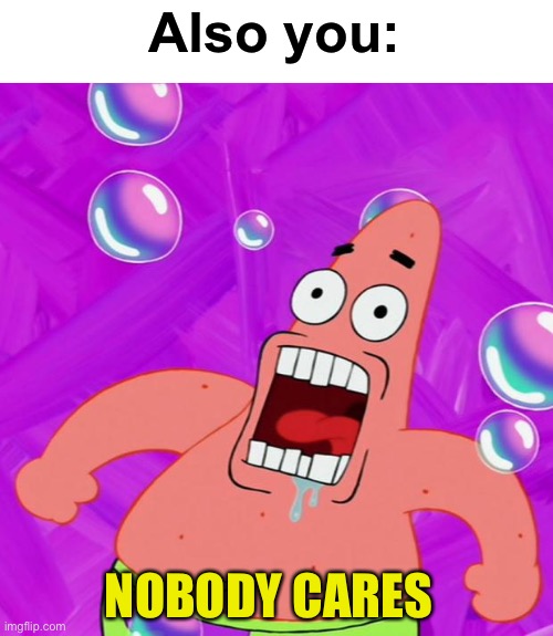 Patrick Star Nobody Cares | Also you: NOBODY CARES | image tagged in patrick star nobody cares | made w/ Imgflip meme maker