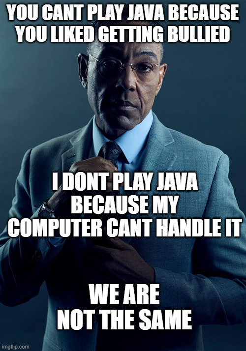 yes but my parents lied and it can handle... their first lie against me i can play java on my mod maker... somehow | YOU CANT PLAY JAVA BECAUSE YOU LIKED GETTING BULLIED; I DONT PLAY JAVA BECAUSE MY COMPUTER CANT HANDLE IT; WE ARE NOT THE SAME | image tagged in gus fring we are not the same | made w/ Imgflip meme maker