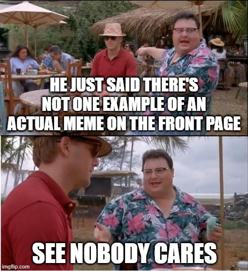 I embarrassed myself hunting for an actual meme to show someone what real memes are | HE JUST SAID THERE'S NOT ONE EXAMPLE OF AN ACTUAL MEME ON THE FRONT PAGE; SEE NOBODY CARES | image tagged in memes,see nobody cares | made w/ Imgflip meme maker