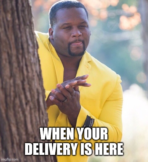 Black guy hiding behind tree | WHEN YOUR DELIVERY IS HERE | image tagged in black guy hiding behind tree | made w/ Imgflip meme maker